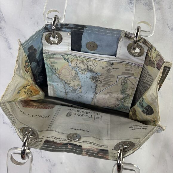 Couture Planet Nantucket Map Recycled Newspaper Tote Bag Purse Lucite Handle - Picture 12 of 14